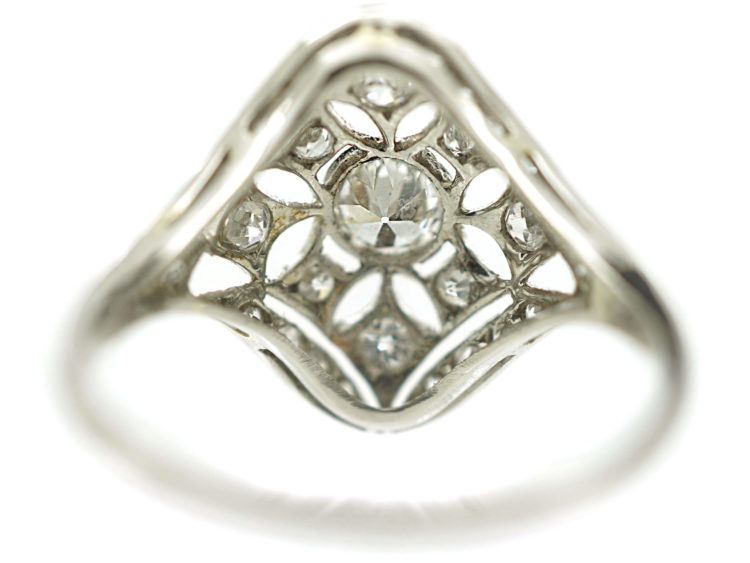 Art Deco French Platinum & Diamond Pierced Work Cluster Ring