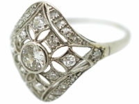 Art Deco French Platinum & Diamond Pierced Work Cluster Ring
