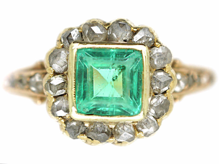 Edwardian 18ct Gold Square Cut Emerald & Rose Diamond Ring