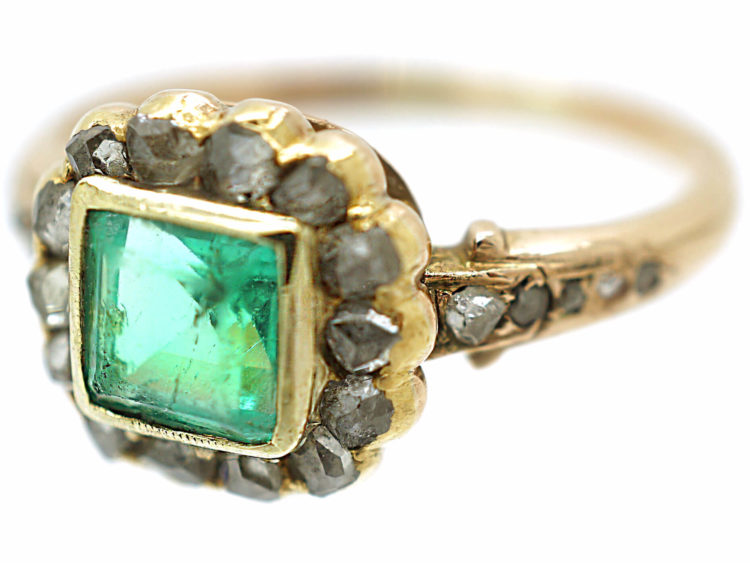 Edwardian 18ct Gold Square Cut Emerald & Rose Diamond Ring