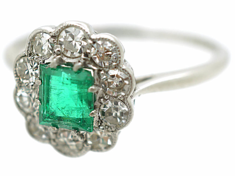 Edwardian 18ct White Gold & Platinum, Emerald & Diamond Cluster Ring