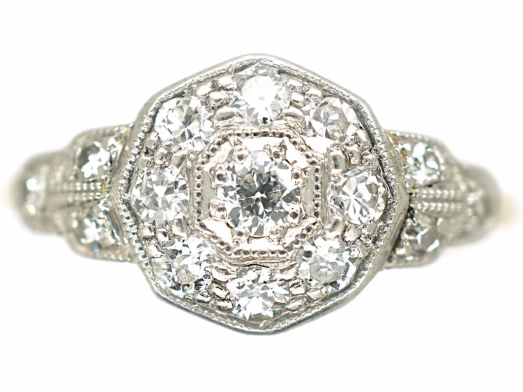 Edwardian 18ct Gold & Platinum Diamond Cluster Ring with Stepped Shoulders