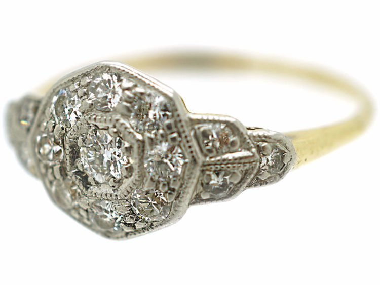 Edwardian 18ct Gold & Platinum Diamond Cluster Ring with Stepped Shoulders