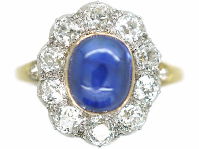 Edwardian 18ct Gold & Platinum Cabochon Sapphire & Diamond Cluster Ring