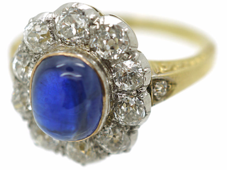 Edwardian 18ct Gold & Platinum Cabochon Sapphire & Diamond Cluster Ring