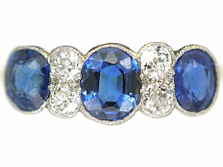 Art Deco 18ct Gold & Platinum, Three Stone Sapphire & Diamond Ring
