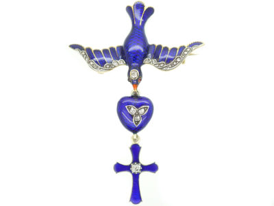 Georgian 18ct Gold Royal Blue Enamel & Diamond Dove of Peace Brooch & Pendant