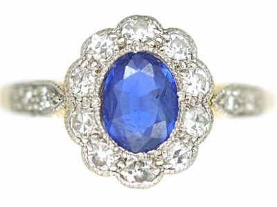 Edwardian Sapphire & Diamond Cluster Ring with Diamond Set Shoulders