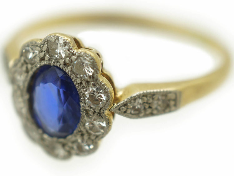 Edwardian Sapphire & Diamond Cluster Ring with Diamond Set Shoulders