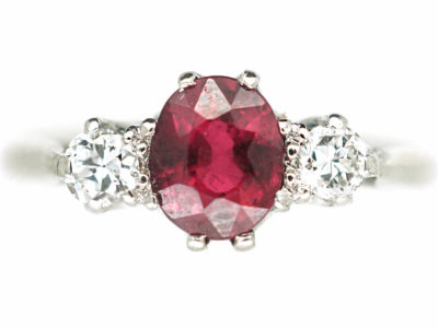 Art Deco Platinum Three Stone Ruby & Diamond Ring