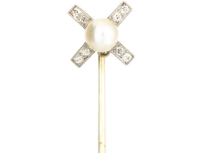 Art Deco 15ct Gold & Platinum Windmill Style Tie Pin set with Diamonds & a Natural Pearl