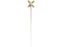 Art Deco 15ct Gold & Platinum Windmill Style Tie Pin set with Diamonds & a Natural Pearl