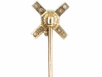 Art Deco 15ct Gold & Platinum Windmill Style Tie Pin set with Diamonds & a Natural Pearl