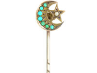 Edwardian 9ct Gold Moon & Star Tie Pin set with Turquoise & a Natural Split Pearl