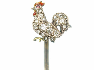 Edwardian Diamond & Enamel Cockerel Tie Pin with Ruby eye