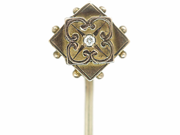 Edwardian 9ct Gold Diamond Shaped Tie Pin set with a Diamond