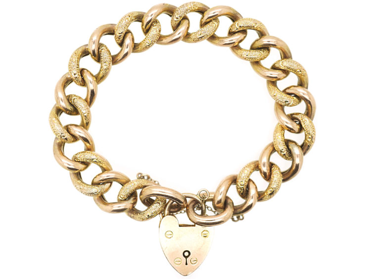 Edwardian 9ct Gold Alternate Plain & Decorated Link Curb Bracelet