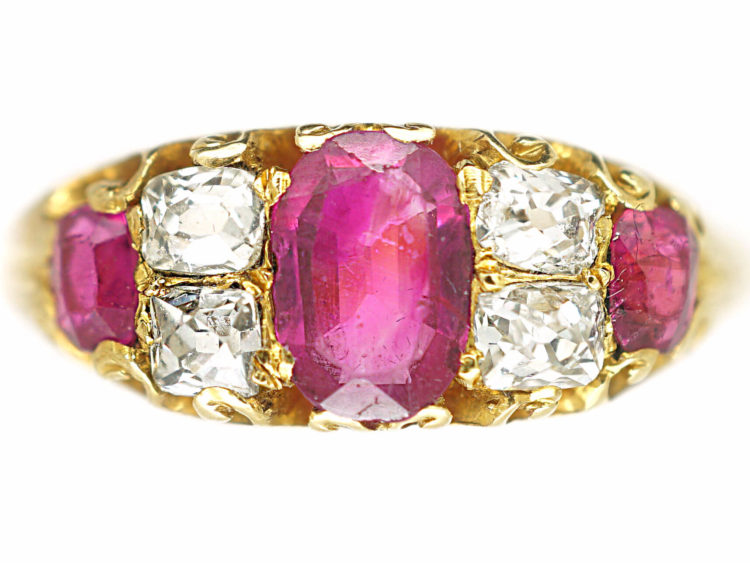 Victorian 18ct Gold Three Stone Ruby & Diamond Ring