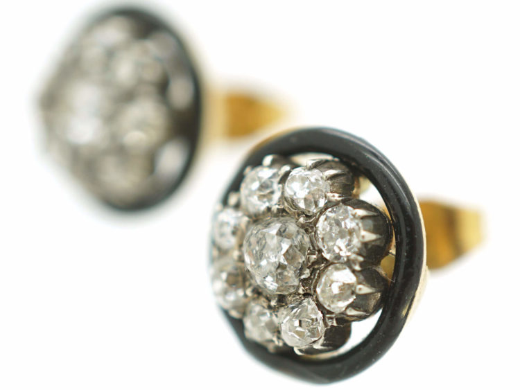 Art Deco 18ct Gold & Silver, Diamond Cluster Earrings with Black Enamel Surround