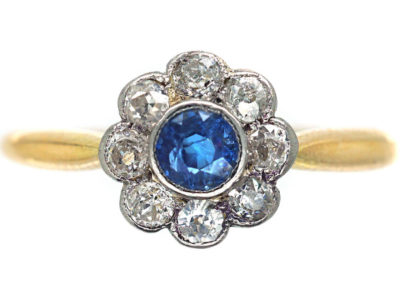 Edwardian 18ct Gold & Platinum Sapphire & Diamond Cluster Ring