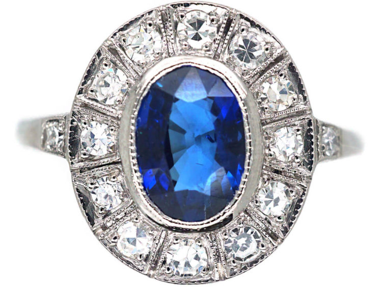 Art Deco Platinum, Sapphire & Diamond Oval Cluster Ring