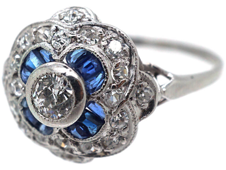 Art Deco Platinum Sapphire & Diamond Cluster Ring