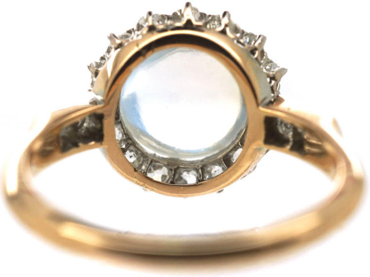 Edwardian 18ct Gold, Cabochon Moonstone & Diamond Cluster Ring with Diamond Set Shoulders