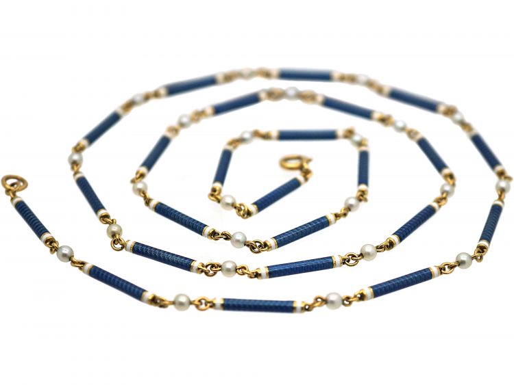 French Belle Epoque 18ct Gold, Blue & White Enamel & Natural Pearls Chain