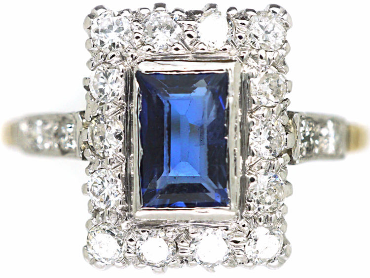 Art Deco 18ct & Platinum, Sapphire & Diamond Rectangular Ring with Diamond Set Shoulders