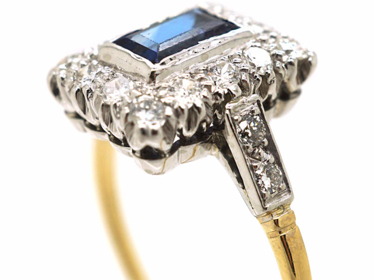 Art Deco 18ct & Platinum, Sapphire & Diamond Rectangular Ring with Diamond Set Shoulders