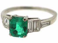 Art Deco Platinum, Emerald & Baguette Diamond Ring