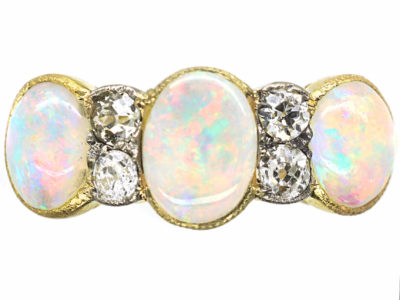 Edwardian 18ct Gold, Three Stone Opal & Diamond Ring