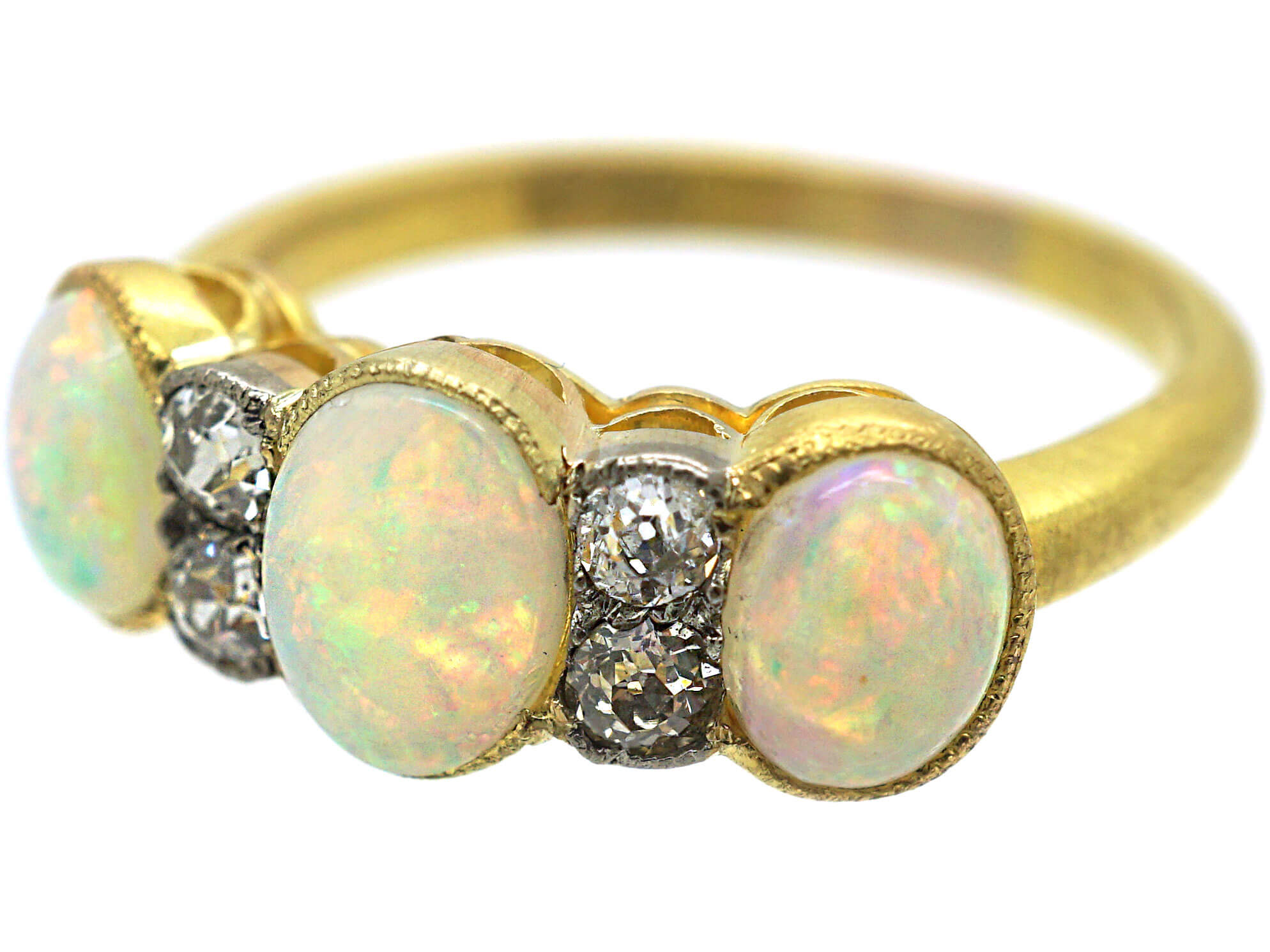 Edwardian 18ct Gold, Three Stone Opal & Diamond Ring (444N) | The ...