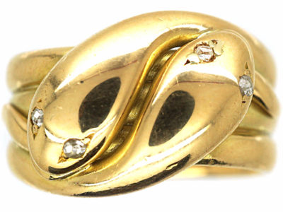 Edwardian 18ct Gold Double Snake Ring with Rose Diamond Eyes