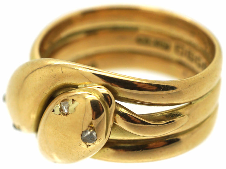 Edwardian 18ct Gold Double Snake Ring with Rose Diamond Eyes