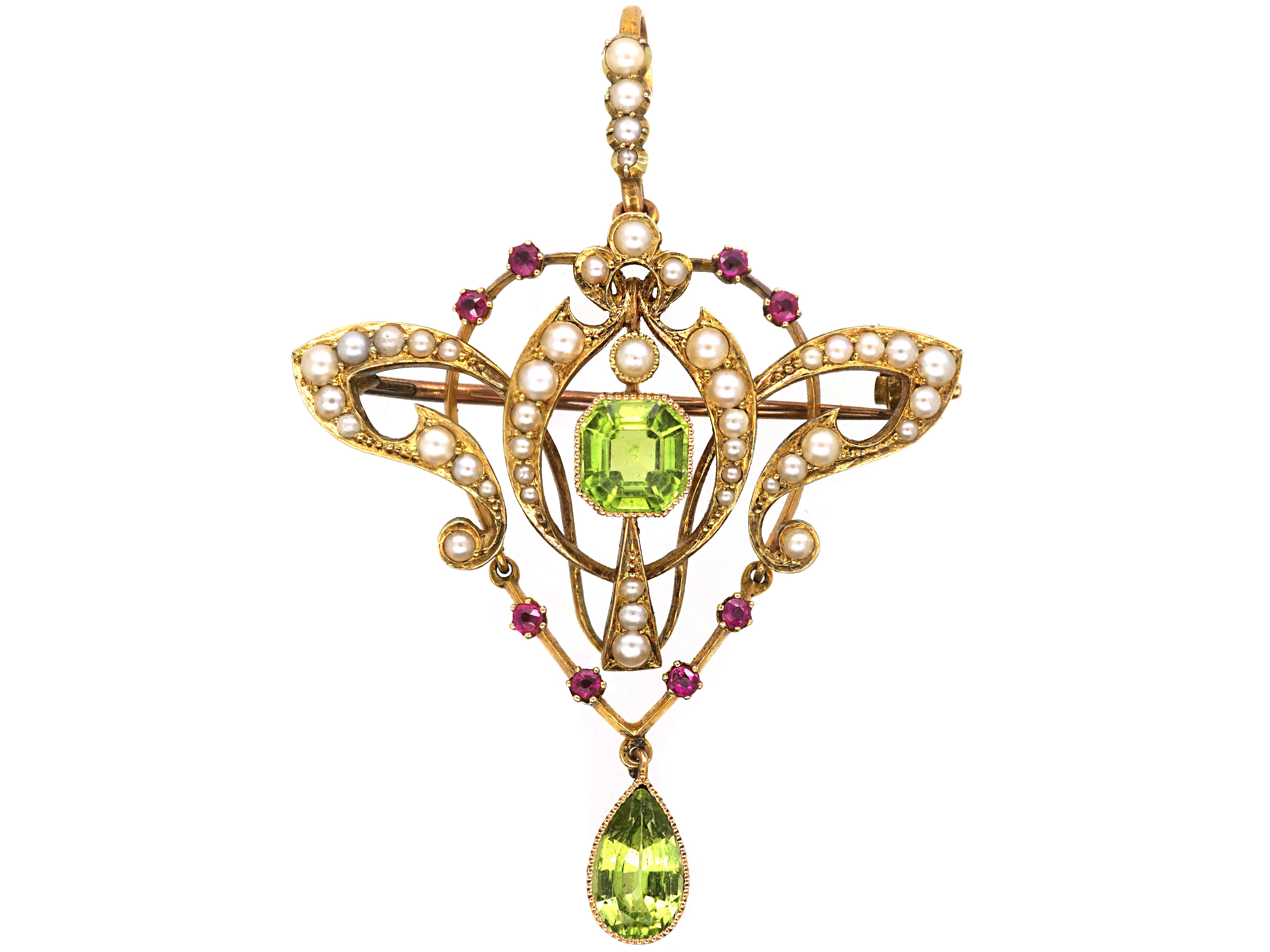 15ct Gold Suffragette Pendant set with Natural Split Pearls, Peridot ...