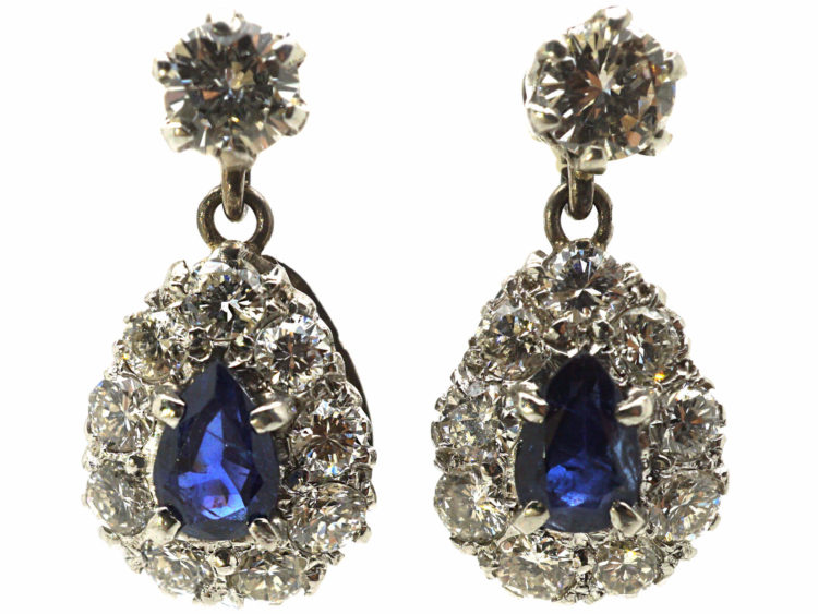 Edwardian 18ct White Gold Sapphire & Diamond Pear Shaped Drop Earrings