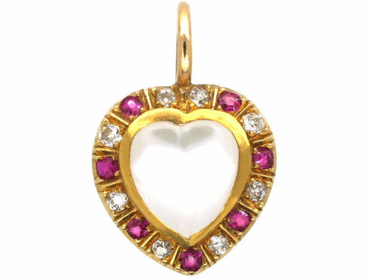 Edwardian 15ct Gold Pendant set with a Heart Shaped Moonstone, Rubies & Diamonds