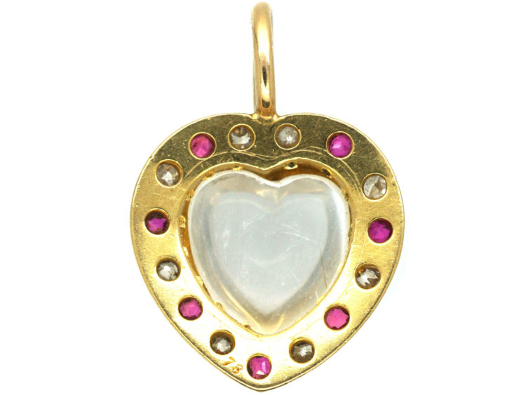 Edwardian 15ct Gold Pendant set with a Heart Shaped Moonstone, Rubies & Diamonds
