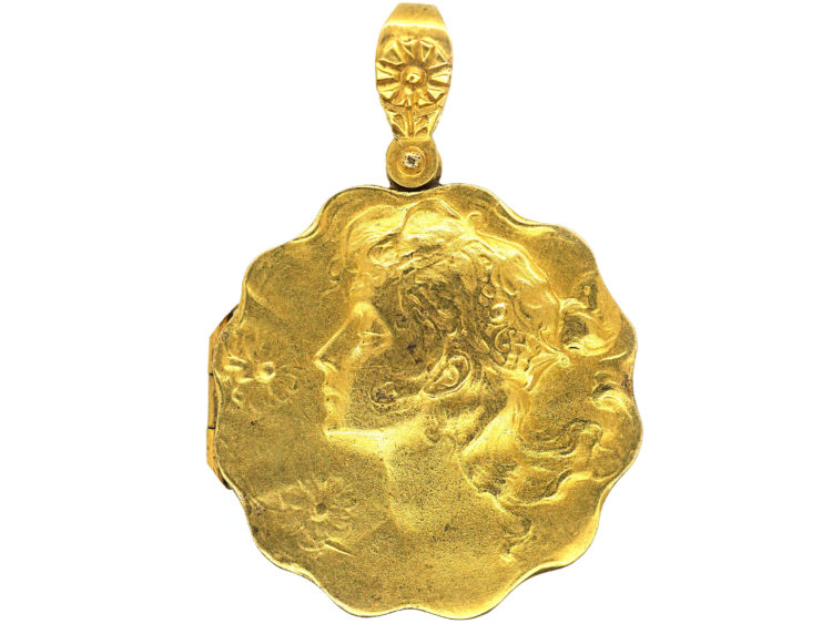 Art Nouveau 15ct Gold Locket of a Lady with Flowers