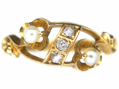 Edwardian 18ct Gold Natural Pearl & Diamond Ring