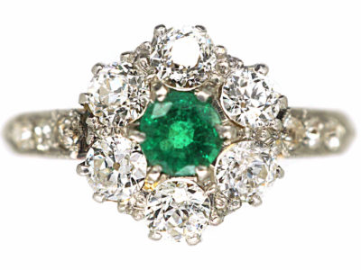 Edwardian 18ct Gold, Emerald & Diamond Cluster Ring with Diamond Set Shoulders