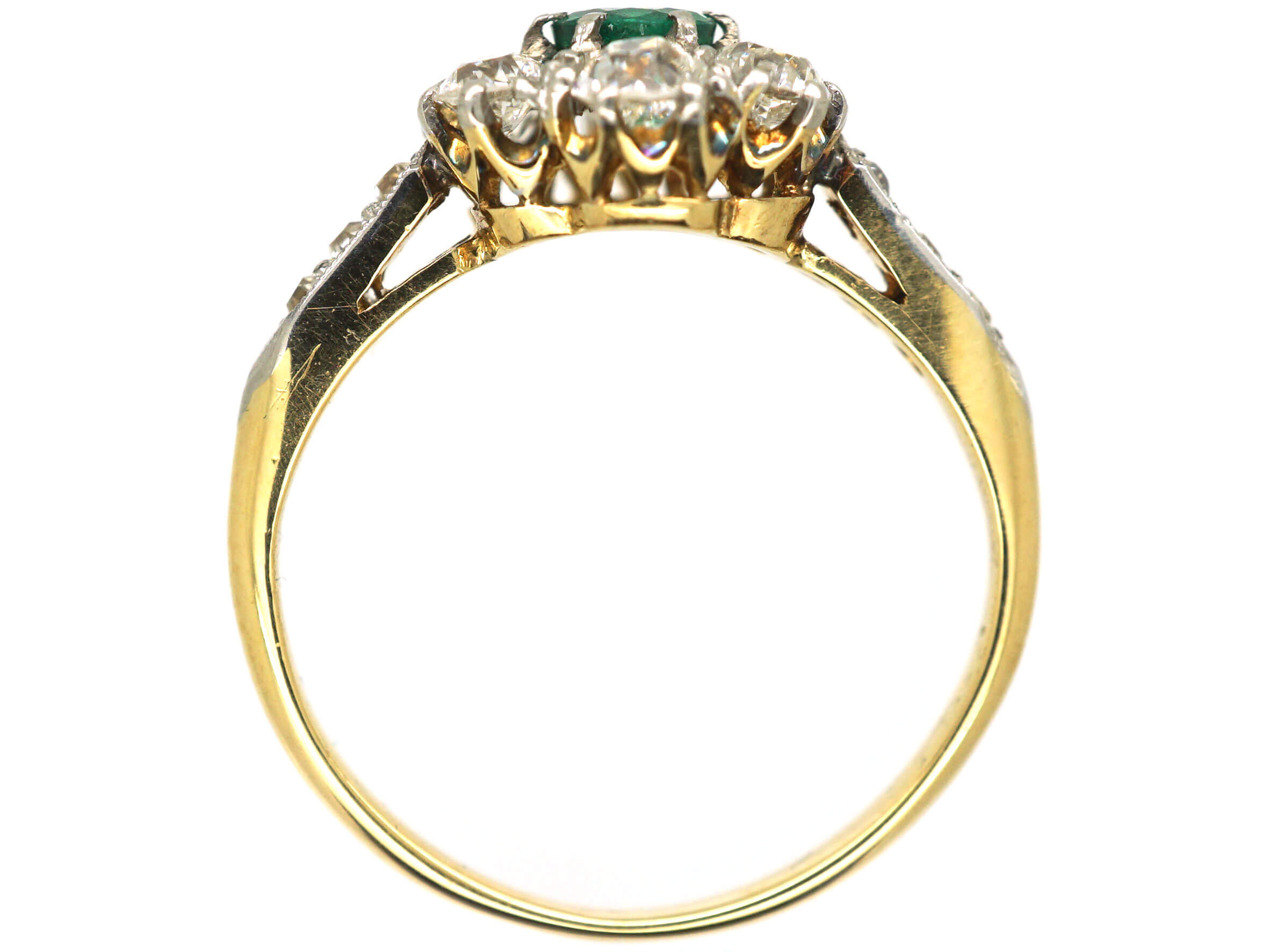 Edwardian 18ct Gold, Emerald & Diamond Cluster Ring with Diamond Set ...