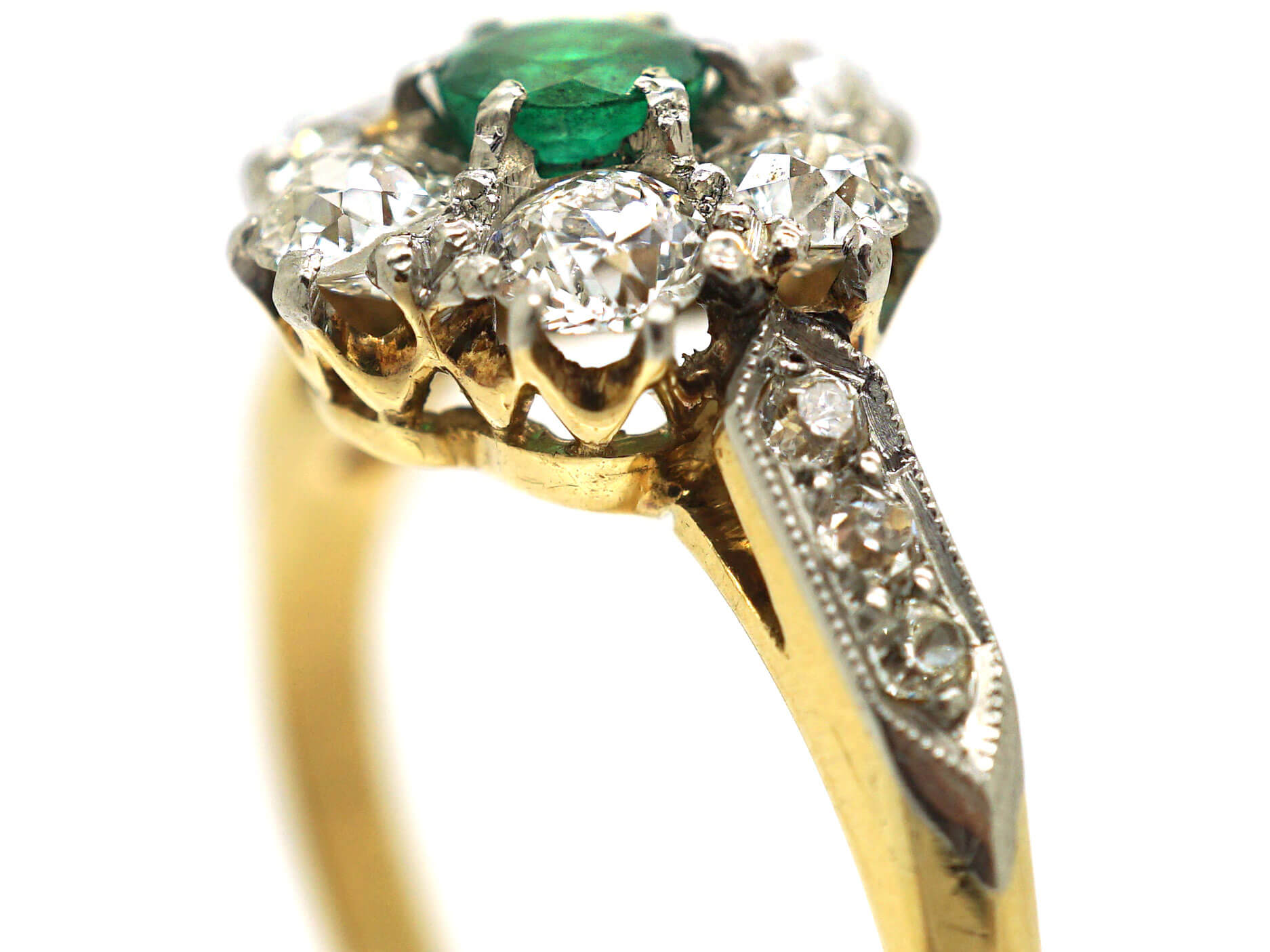 Edwardian 18ct Gold, Emerald & Diamond Cluster Ring with Diamond Set