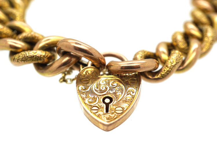 Edwardian 9ct Gold Bracelet with Plain & Decorated Curb Links & Ornate Padlock