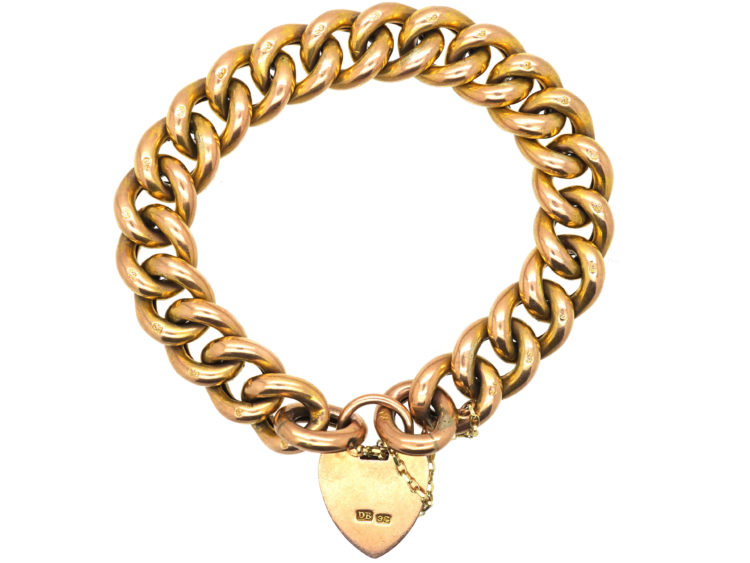 Edwardian 9ct Gold Bracelet with Plain & Decorated Curb Links & Ornate Padlock
