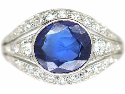 French Art Deco Platinum, Burma Sapphire & Diamond Ring