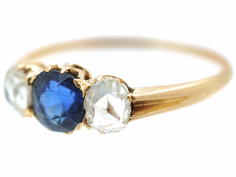 Edwardian 14ct Gold Rose Diamond & Sapphire Three Stone Ring