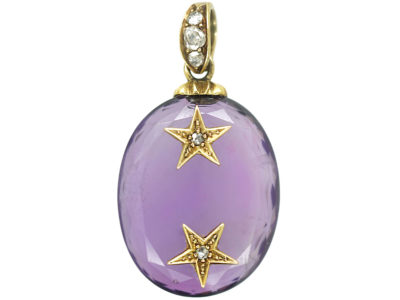 Victorian Oval Amethyst Pendant set with Two Rose Diamond Stars with Diamond Set Bale