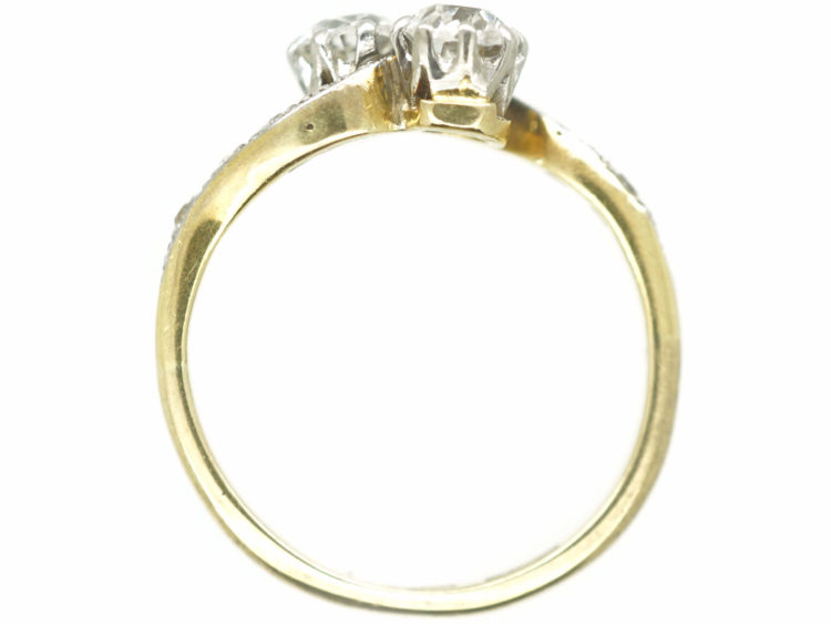 Edwardian 18ct Gold & Platinum Two Stone Diamond Crossover Ring with Diamond Set Shoulders